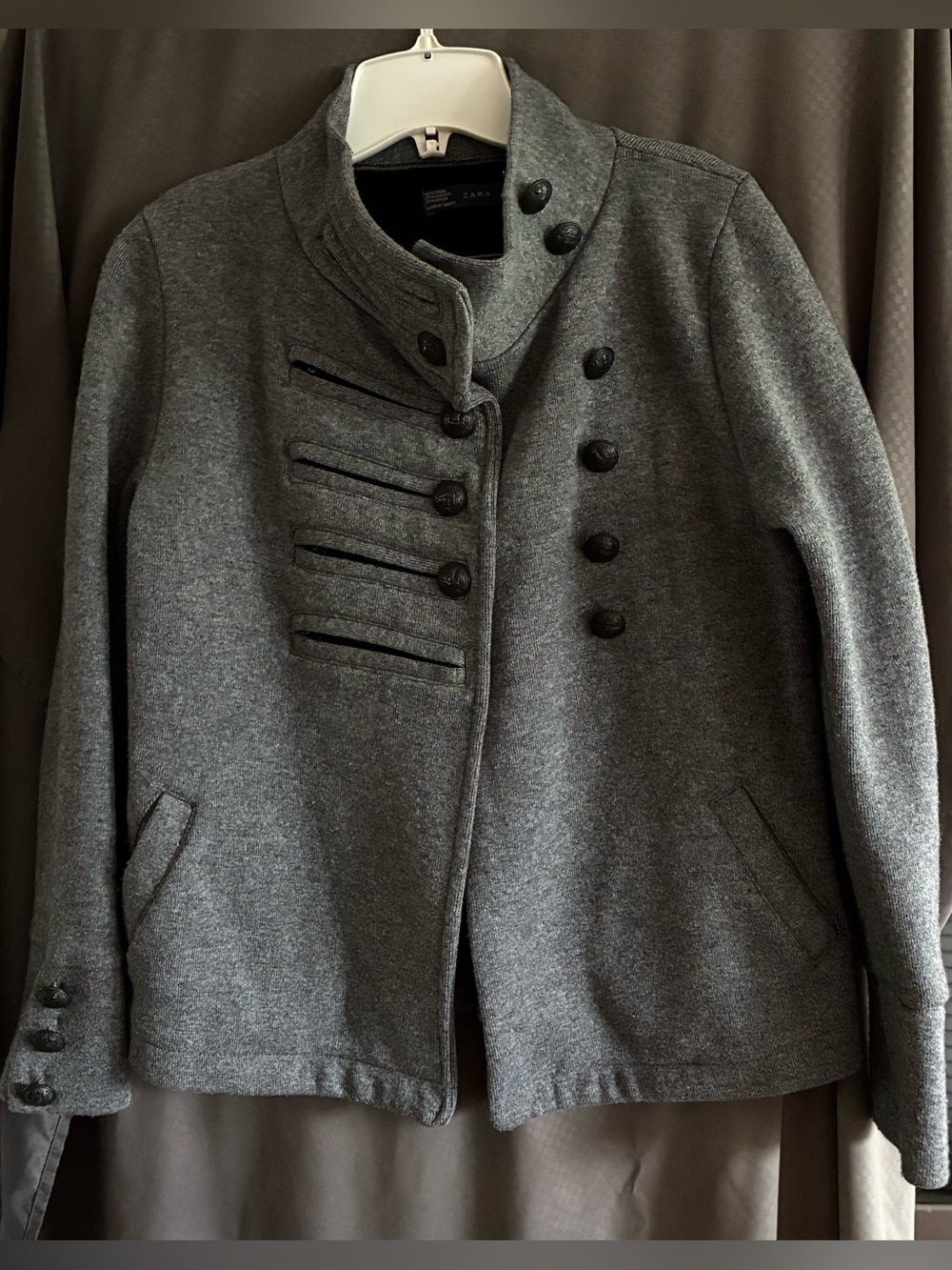 Zara Women’s Gray Double-Breasted, Knit,  Military Style Cropped Coat; Size M